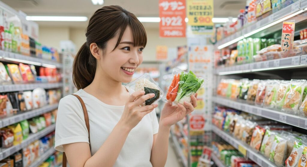 コンビニでヘルシーな食品を選ぶ女性