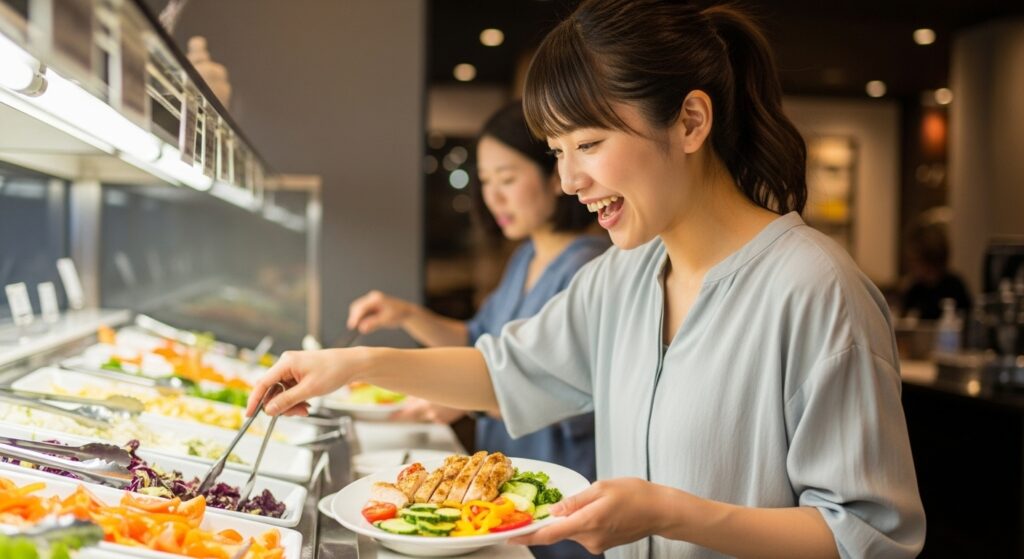 サラダバーで健康的な食べ物を選ぶ女性