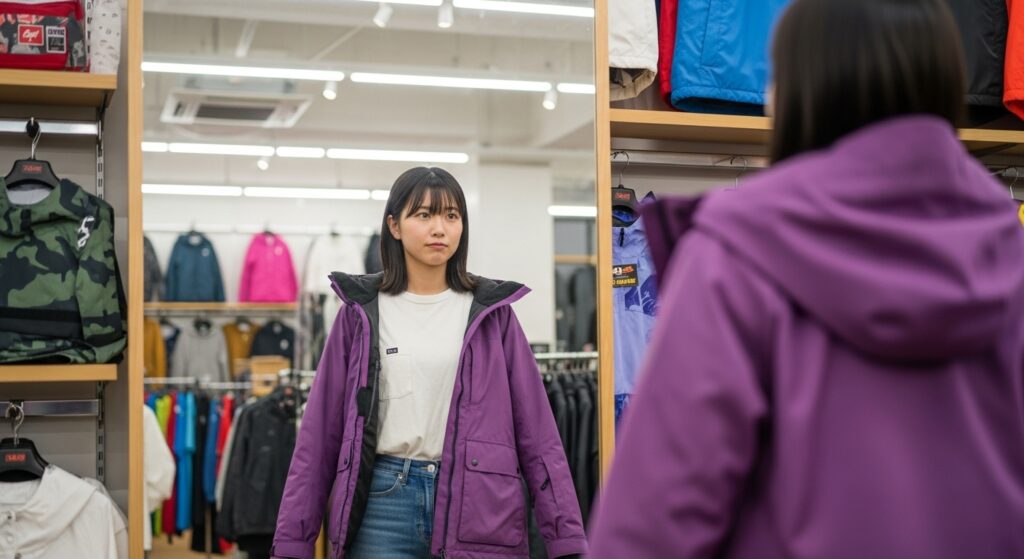 鏡の前で2つの異なるサイズのジャケットを比較する女性