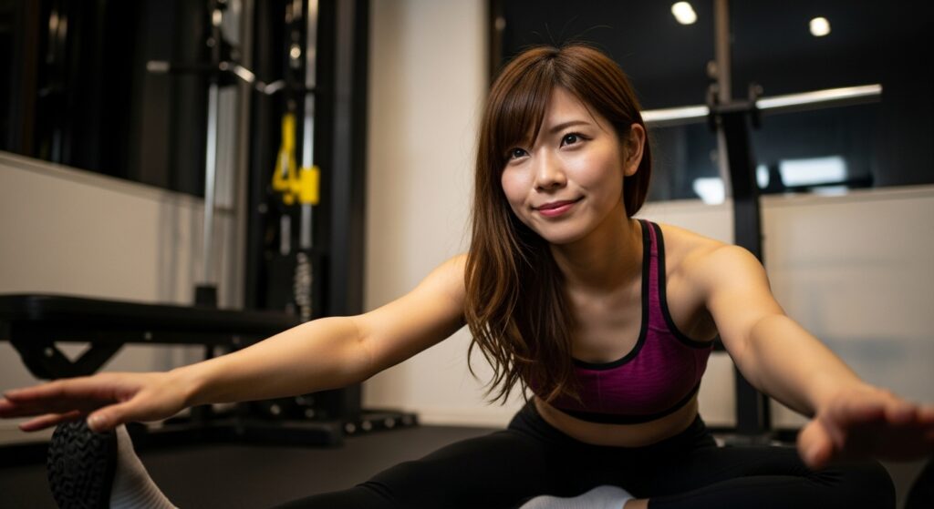 自宅ジムで夜のトレーニングをする女性