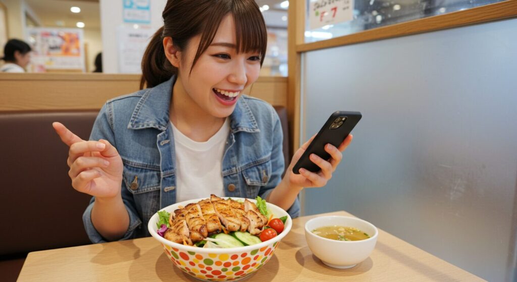 ファストフード店でグリルチキンサラダを楽しむ女性