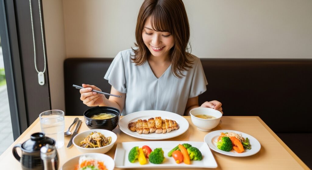 ファミレスでヘルシーなチキン料理を楽しむ女性