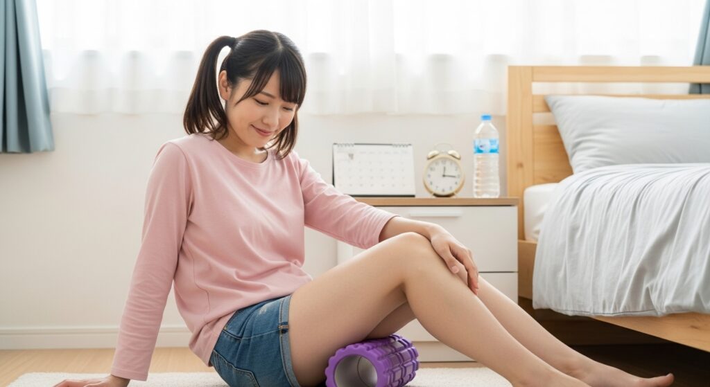自宅で定期的なフォームローラー習慣を続ける女性