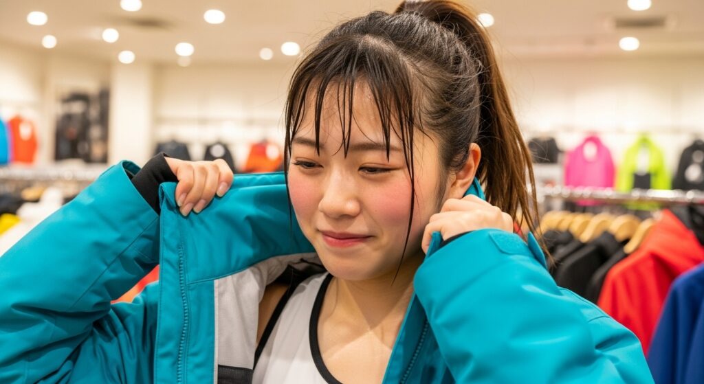 熱を逃がし通気性を改善するためにジャケットの襟を引く女性