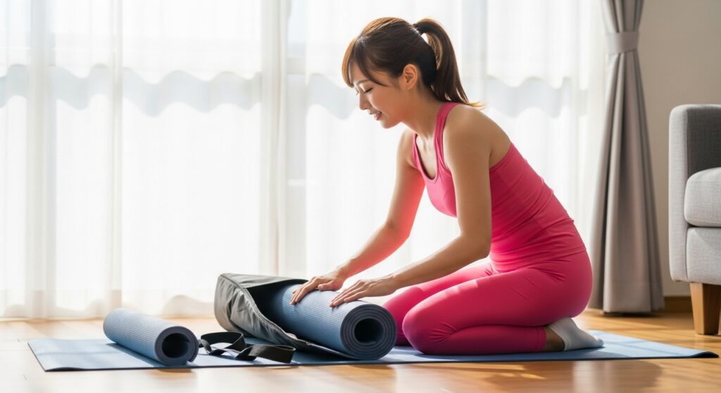 自宅でヨガマットを収納する女性