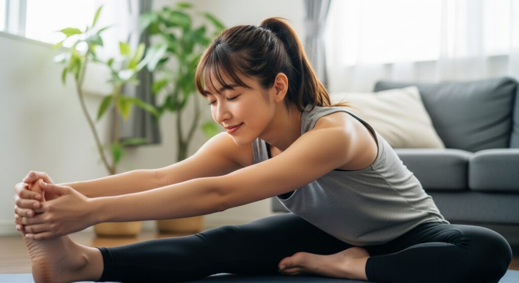 自宅でストレッチをする女性