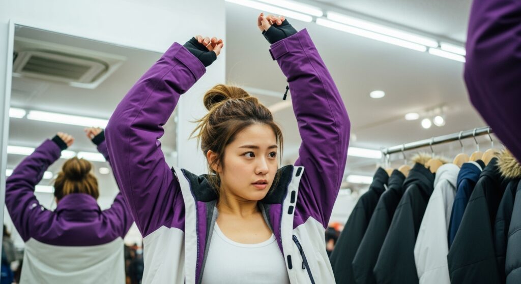 店舗で腕を上げてスノーボードジャケットのサイズを確認する女性