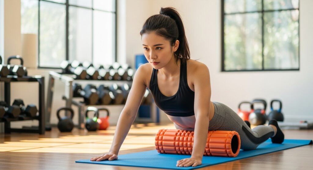 筋トレ前にフォームローラーを使用する女性
