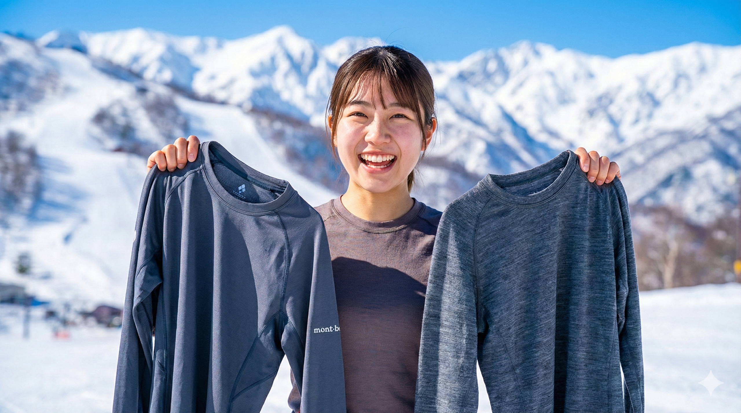 雪山で2枚のベースレイヤーを比較する女性_モンベル 雪山を背景に、笑顔の若い日本人女性が両手に異なる素材のベースレイヤーシャツを掲げて見せている。左手にはモンベルのロゴが見える滑らかな化繊シャツ、右手にはウール混紡のシャツを持っている。