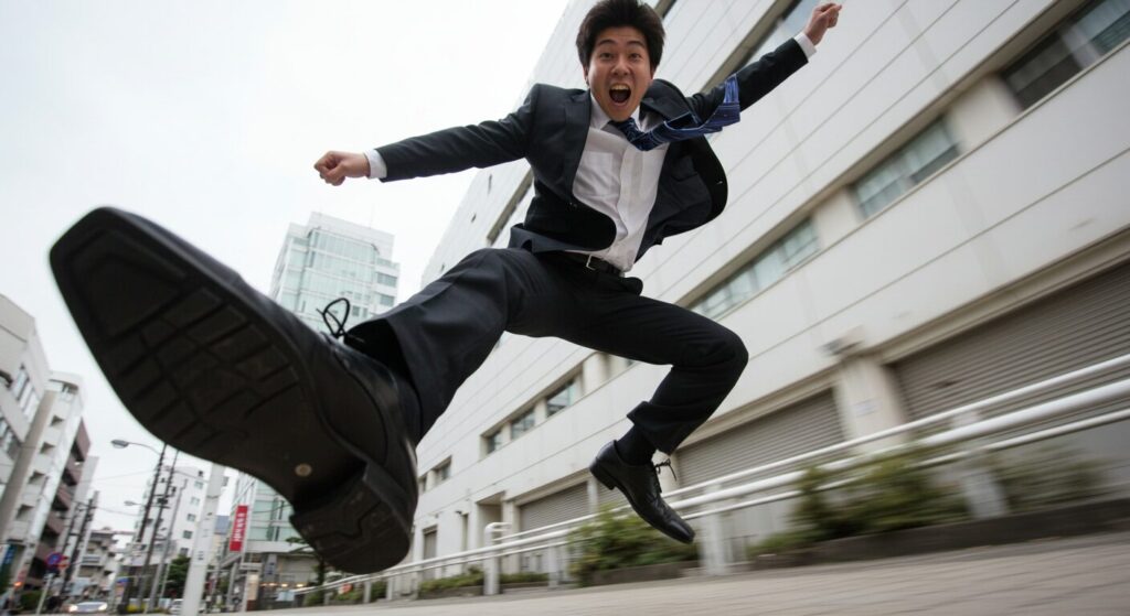 アシックス ランウォークを目立たせてダイナミックにジャンプする若い日本人ビジネスマン