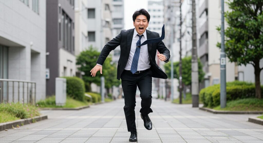 ビジネスシューズアシックス ランウォークを履いて急いで走る若い日本人ビジネスマン