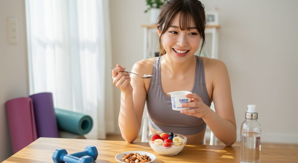 ヘルシーなヨーグルトとフルーツを楽しむフィットネス女子