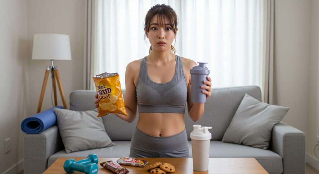 ポテトチップスとプロテインシェイクの間で悩むフィットネス女子