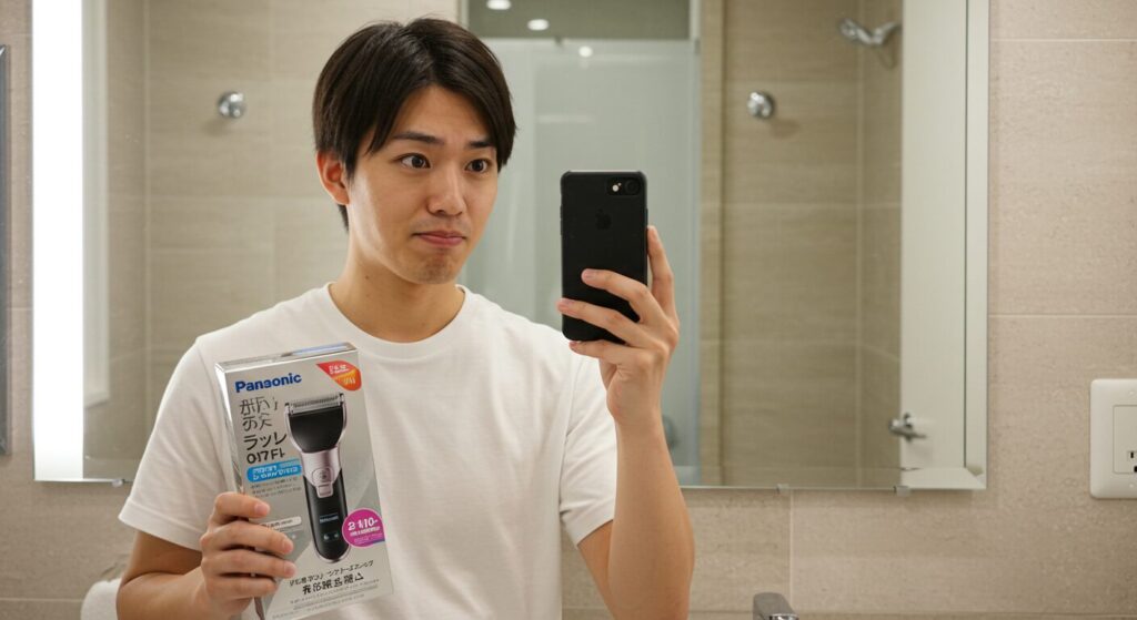 ボディトリマーを手に満足げな表情を浮かべる浴室の若い日本人男性