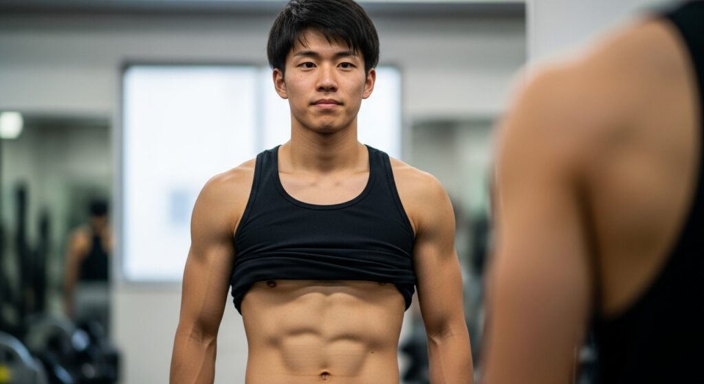 上部2パックの腹筋を見せる日本人男性