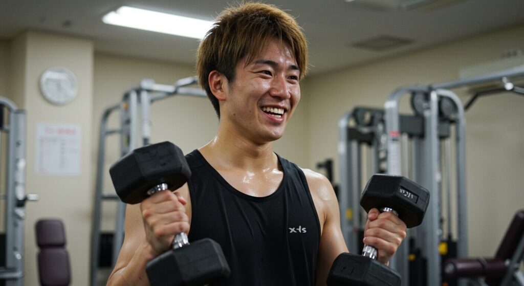 ジムでウェイトを持ち上げる笑顔の日本人男性
