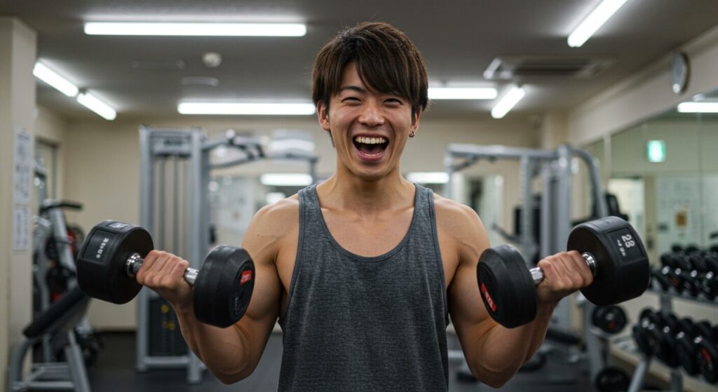 喜びの表情でジムでトレーニングする20代日本人男性