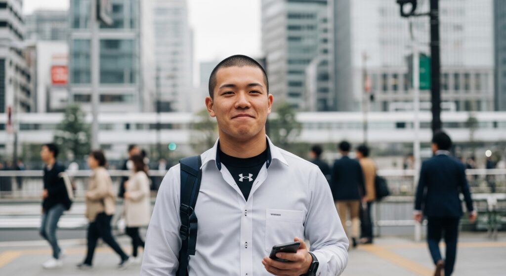 東京のビジネス街で日常着としてアンダーアーマーを着用する若い日本人男性