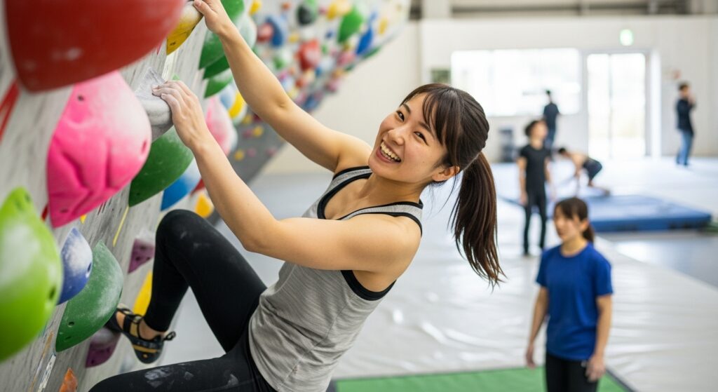 室内ボルダリングジムで登る若い日本人女性