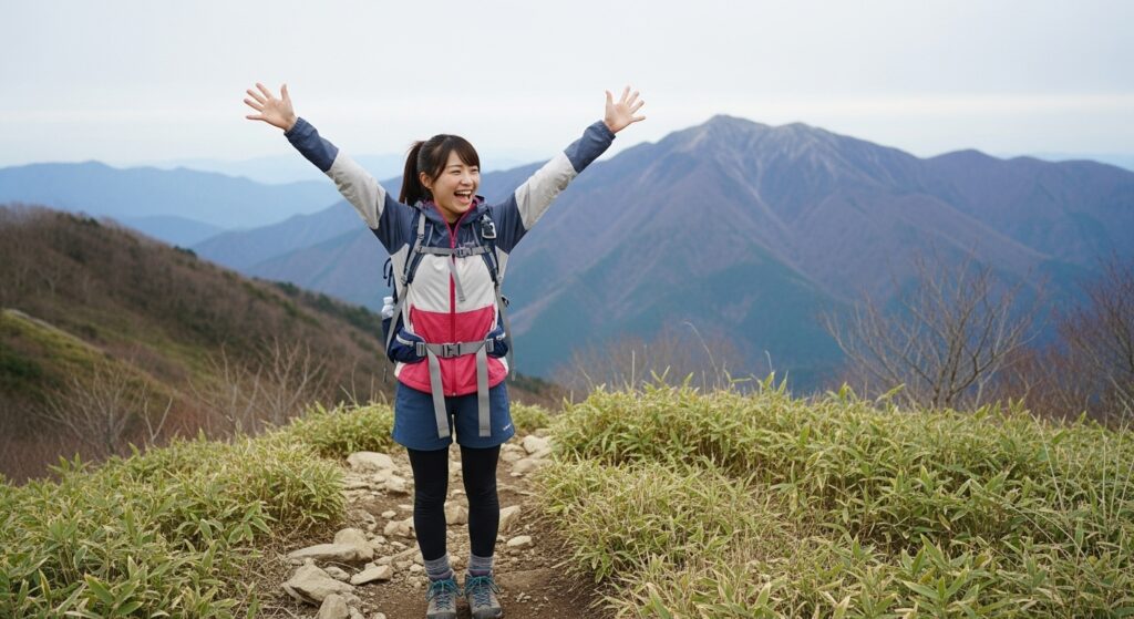 登山道で喜ぶ若い日本人女性