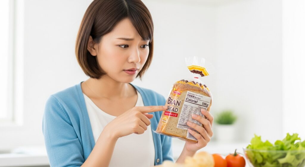 ブランパンのカロリー表示を確認する若い日本人女性