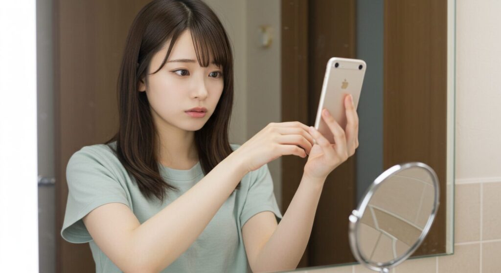 鏡で自分の色白肌をチェックする若い日本人女性