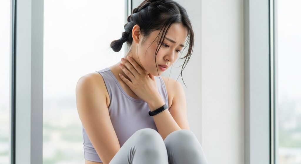 夏のフィットネス中に脈拍を確認し体内のエネルギー枯渇サインを監視する若い日本人女性