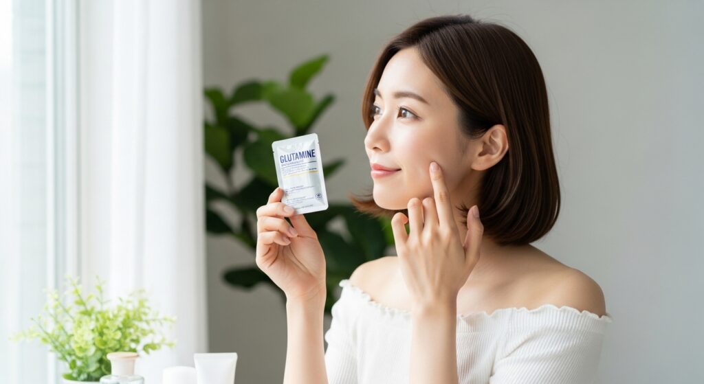 グルタミンサプリメントを持ちながら肌をチェックする若い日本人女性