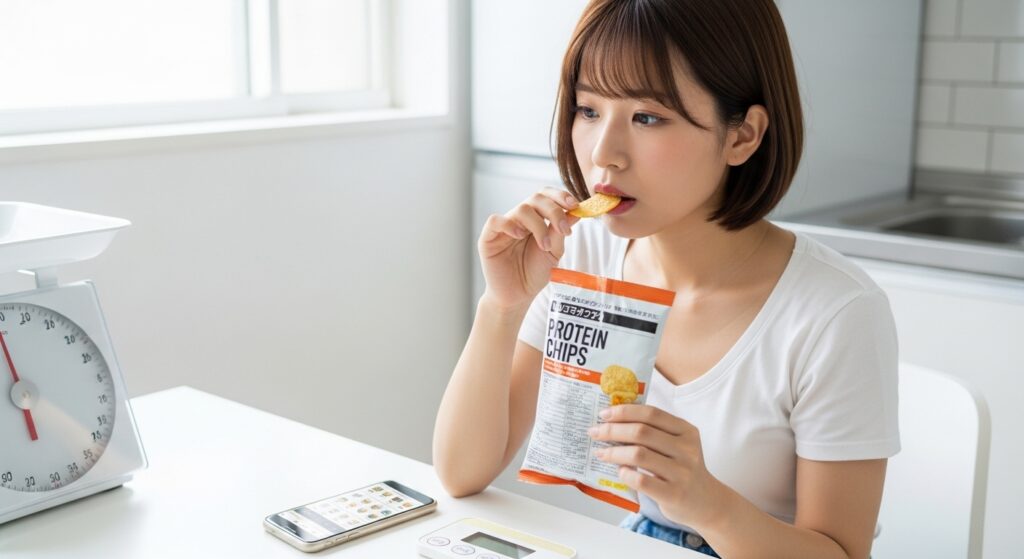 ダイエット中にプロテインチップスの栄養表示を確認する若い日本人女性