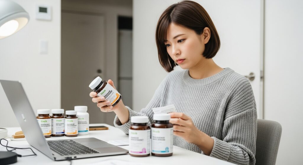 サプリメントのラベルを確認する若い日本人女性