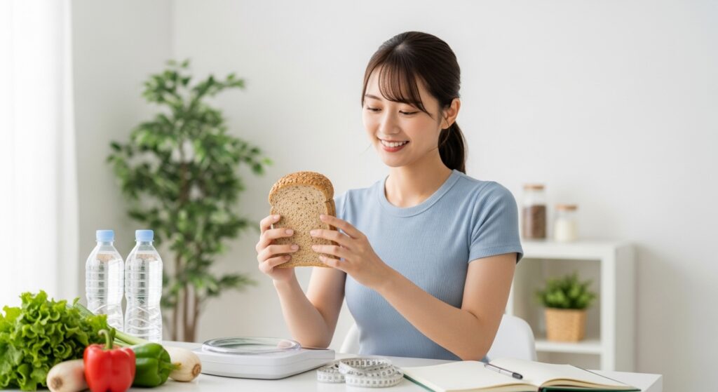 ダイエット中の食事にブランパンを選ぶ若い日本人女性