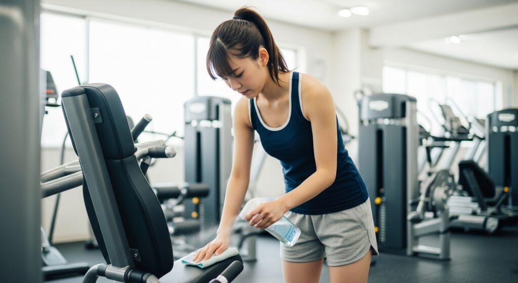 除菌スプレーでジム器具を清掃する若い日本人女性