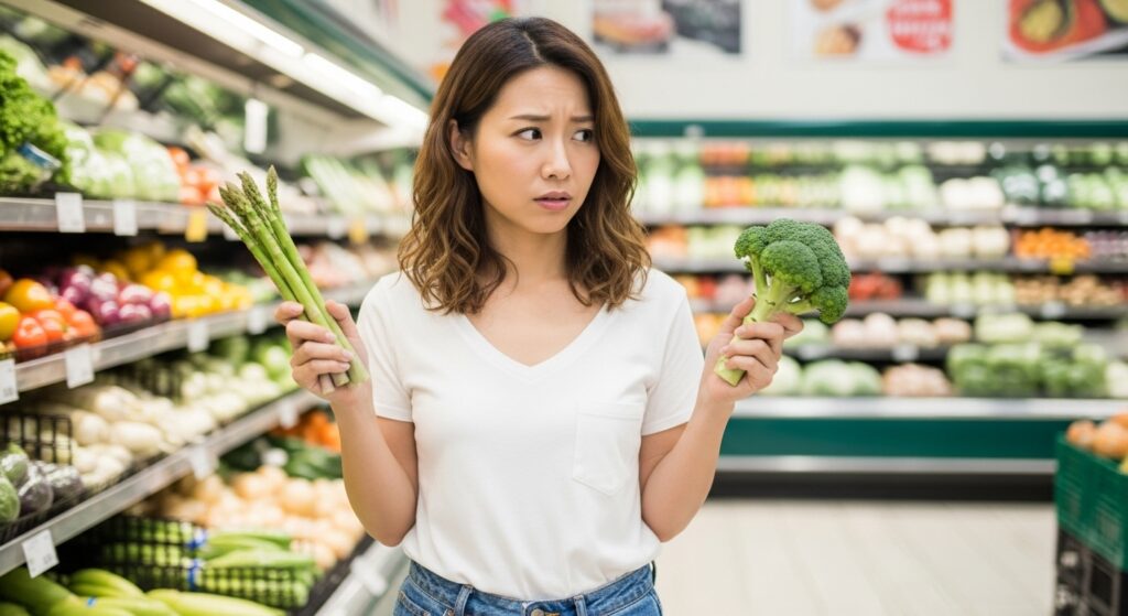 スーパーでアスパラガスとブロッコリーを比較する若い日本人女性