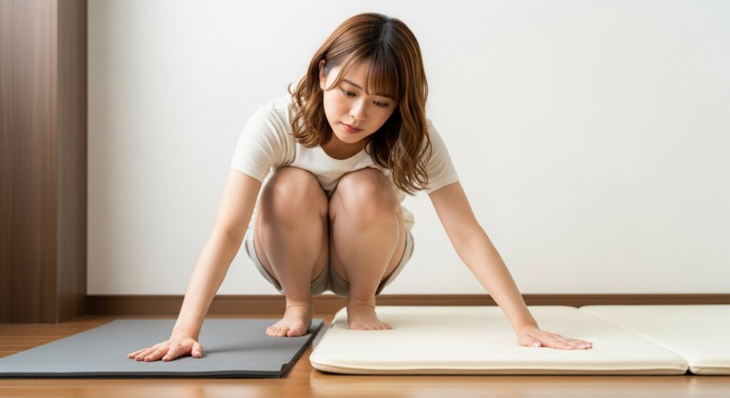 エクササイズマットと子供用プレイマットの厚さと設計の違いを比較する若い日本人女性
