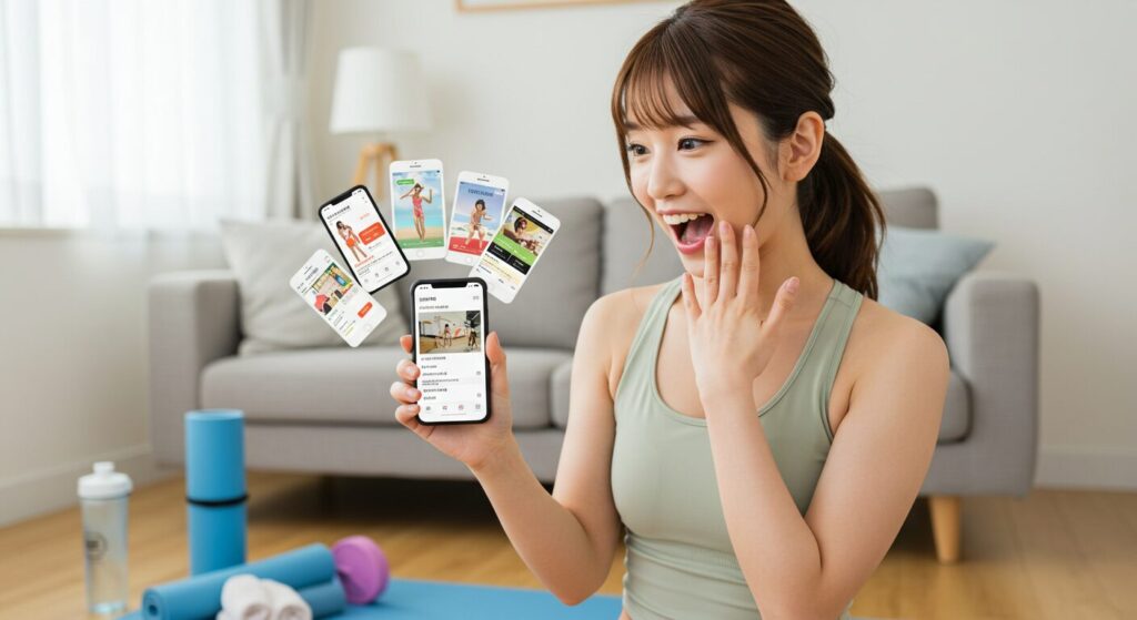 リビングでワークアウト服を着て、スマートフォンでフィットネスアプリを興奮した表情で比較している若い日本人女性