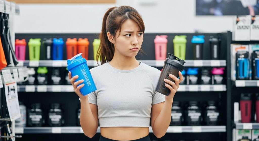 スポーツ用品店でプロテインシェイカーを比較する若い日本人女性