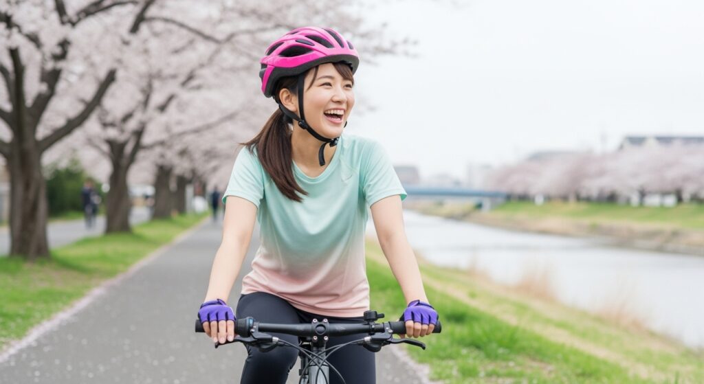 ヘルメットを被って自転車に乗る若い日本人女性