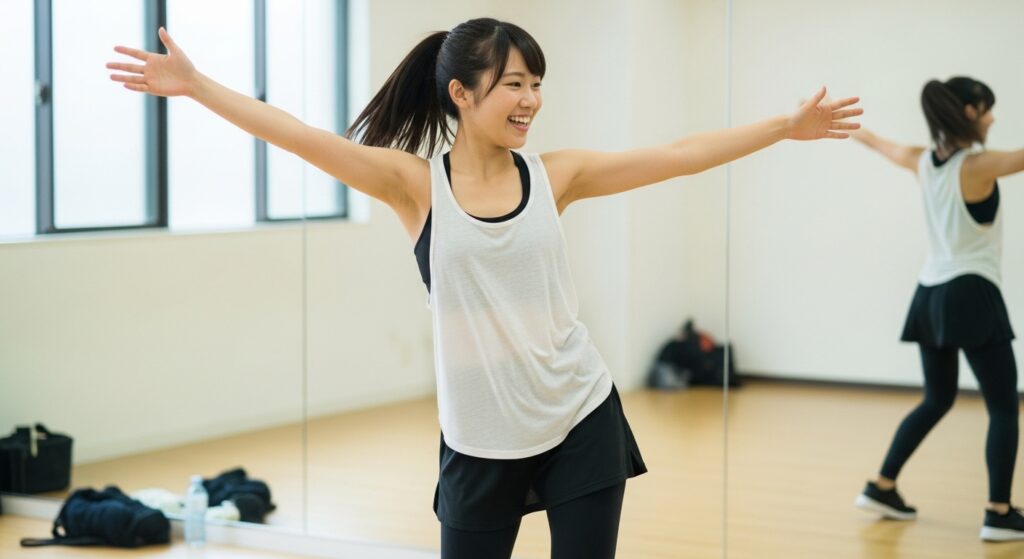 ダンススタジオで楽しそうに踊る若い日本人女性