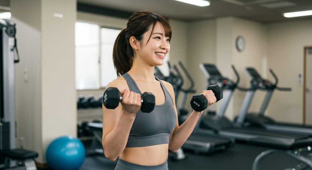 ジムで筋トレをする日本人女性