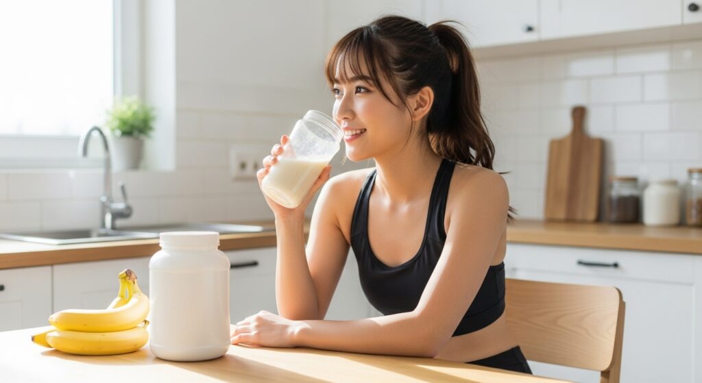 筋トレ後にプロテインシェイクを飲む若い日本人女性