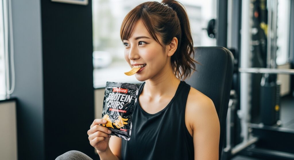 ジムでトレーニング後にプロテインチップスを食べる若い日本人女性