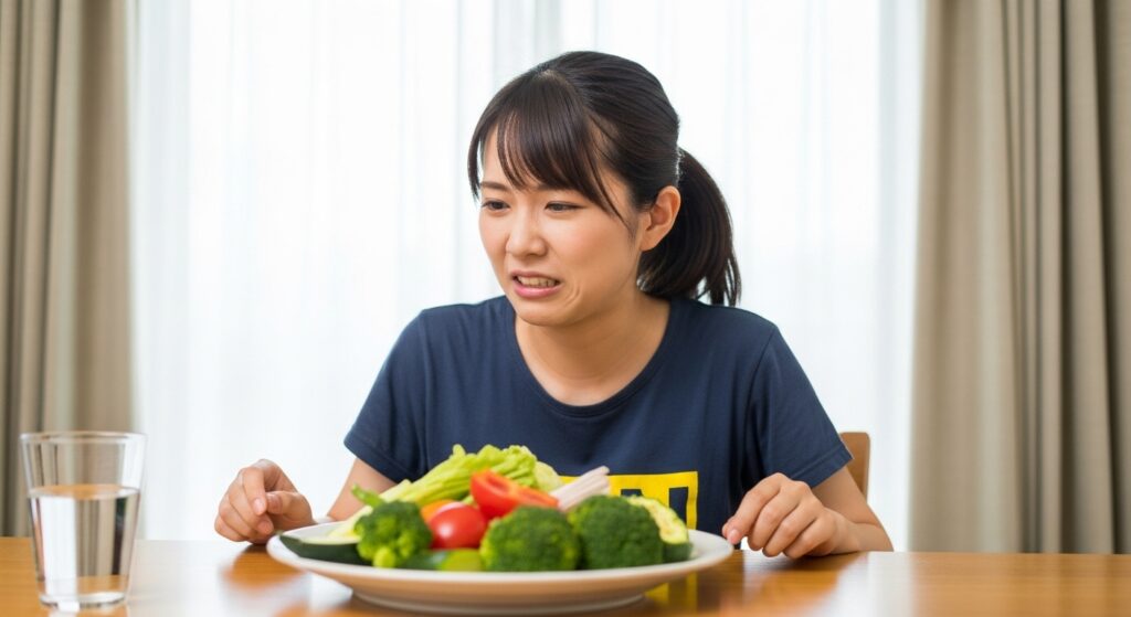 不快そうな表情で野菜を食べる若い日本人女性