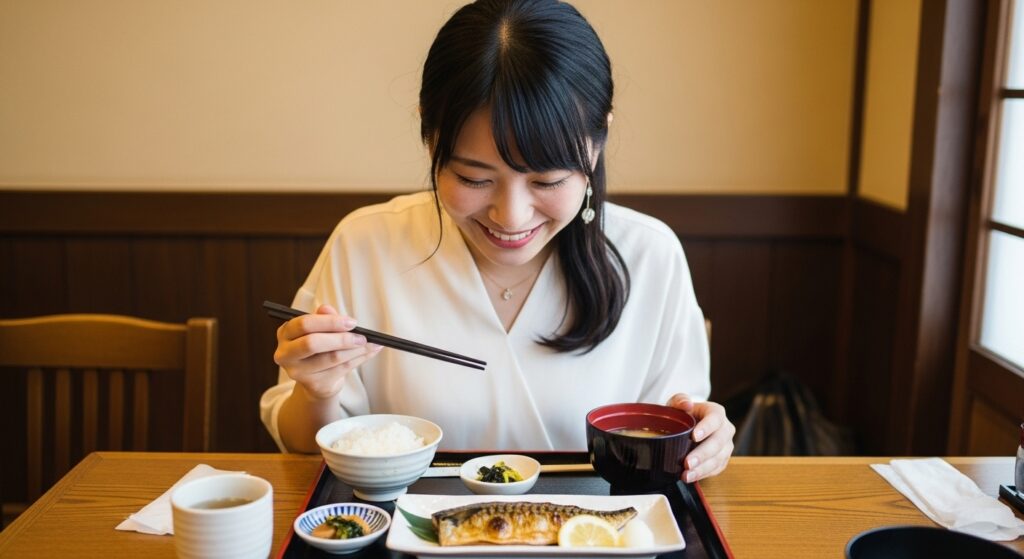 和食店で焼き魚定食を楽しむ若い日本人女性