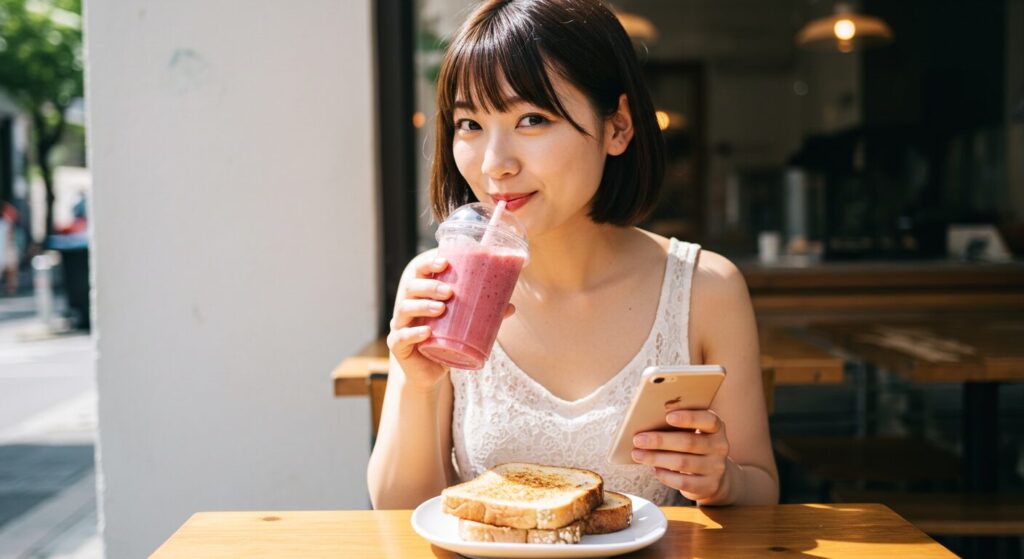 カフェで健康的な朝食を楽しむ若い日本人女性