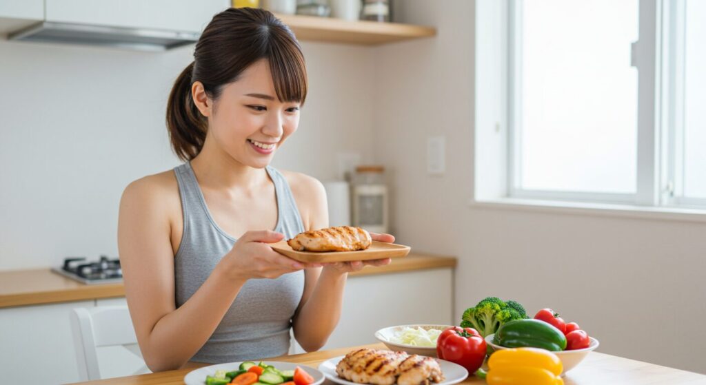 キッチンで健康的な鶏肉料理を楽しむ若い日本人女性