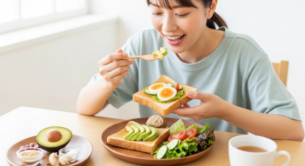 ブランパンと栄養豊富な食材で朝食を楽しむ若い日本人女性