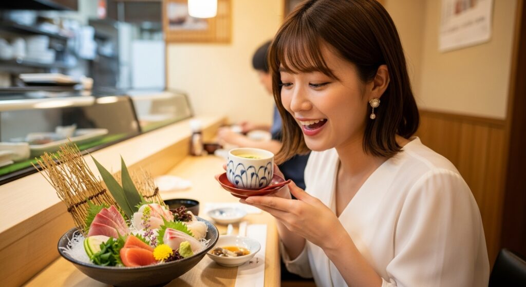 寿司屋で刺身と茶碗蒸しを楽しむ若い日本人女性