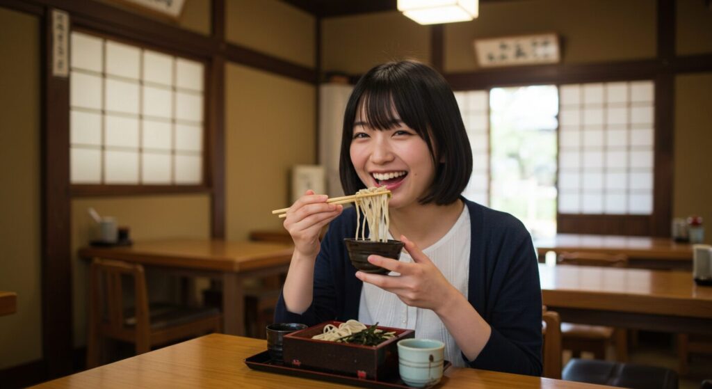伝統的な蕎麦屋で蕎麦を楽しむ若い日本人女性