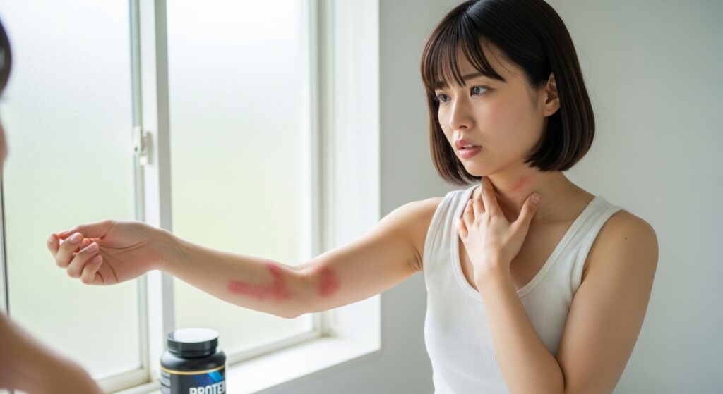 洗面所の鏡でプロテイン容器が見える中、腕と首のアレルギー性皮膚反応を確認している若い日本人女性