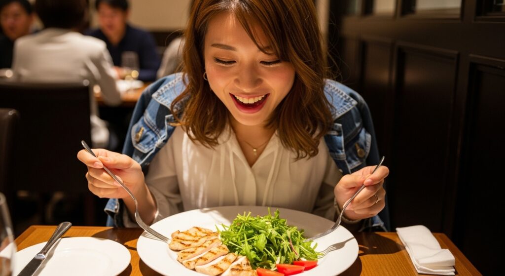 ヘルシーなイタリアン料理に喜ぶ若い日本人女性